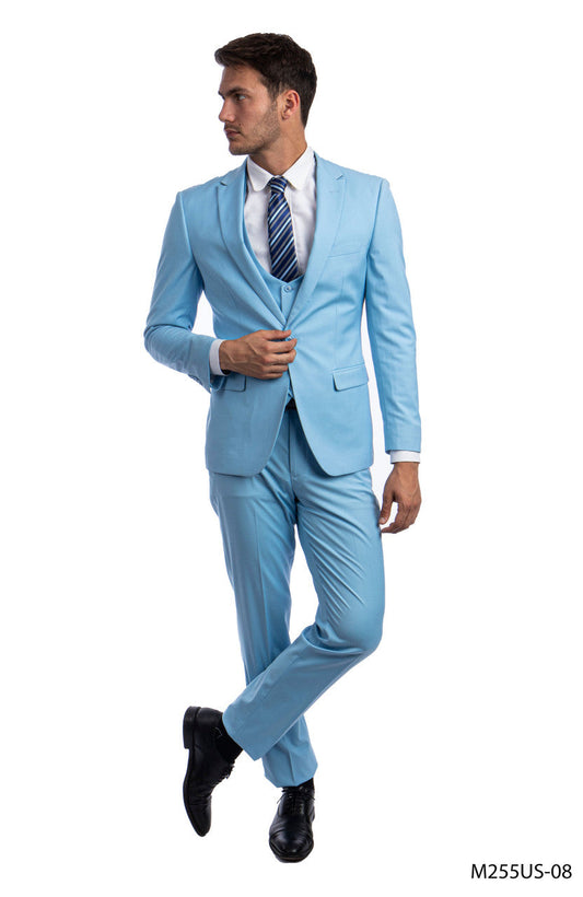 Solid Sky Blue Notch Lapel 3 Piece Ultra Slim Fit Tazzio Men's Suit