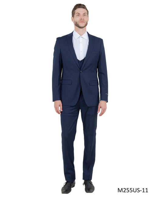 Solid Navy Blue Notch Lapel 3 Piece Ultra Slim Fit Tazzio Men's Suit