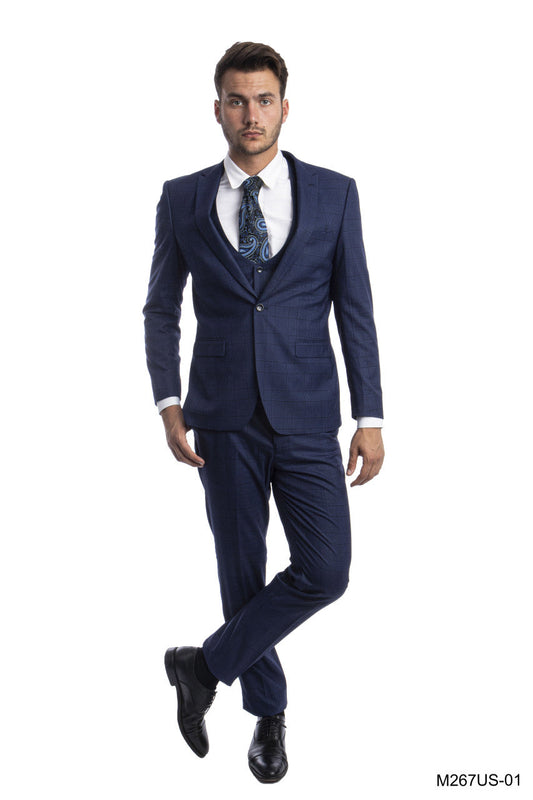 Blue Plaid Peak Lapel 3 Piece Slim Fit Tazzio Men's Suit