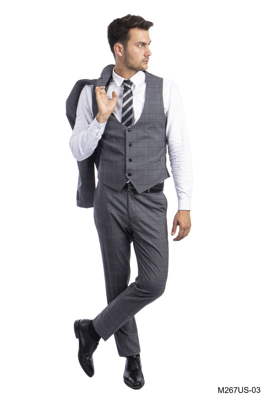 Grey Plaid Peak Lapel 3 Piece Slim Fit Tazzio Men's Suit