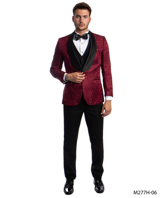 Burgundy Paisley Satin Shawl Lapel 3 Piece Hybrid Fit Tazzio Men's Suit