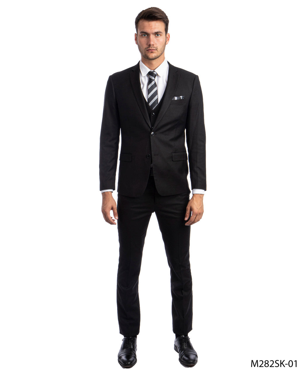 Solid Black Notch Lapel 3 Piece Skinny Fit Sean Alexander Men's Suit