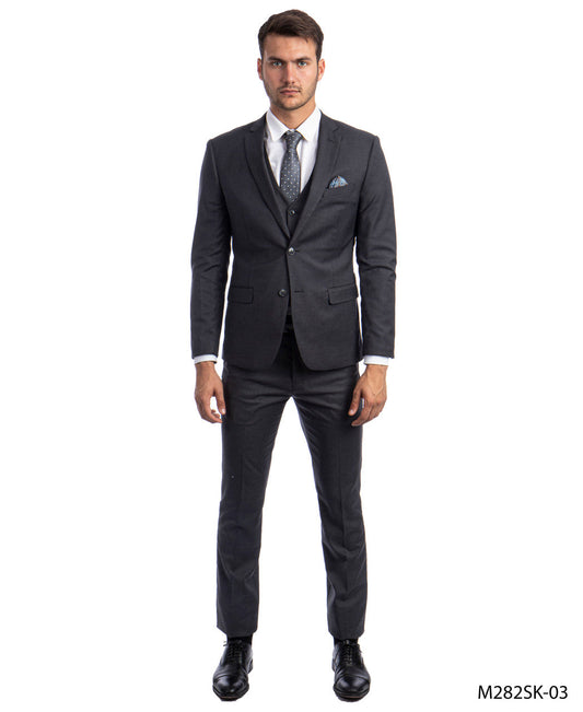 Solid Charcoal Grey Notch Lapel 3 Piece Skinny Fit Sean Alexander Men's Suit