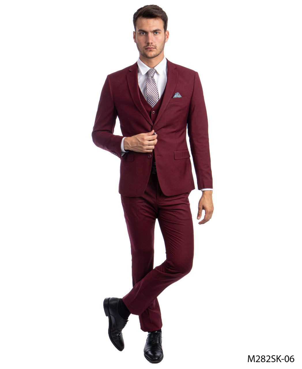 Solid Burgundy Notch Lapel 3 Piece Skinny Fit Sean Alexander Men's Suit