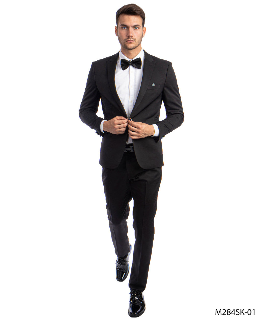 Solid Black Peak Lapel 2 Piece Skinny Fit Tazzio Men's Suit