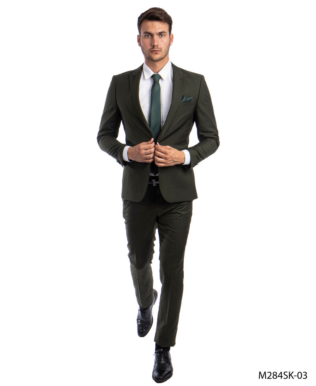 Solid Green Peak Lapel 2 Piece Skinny Fit Tazzio Men's Suit