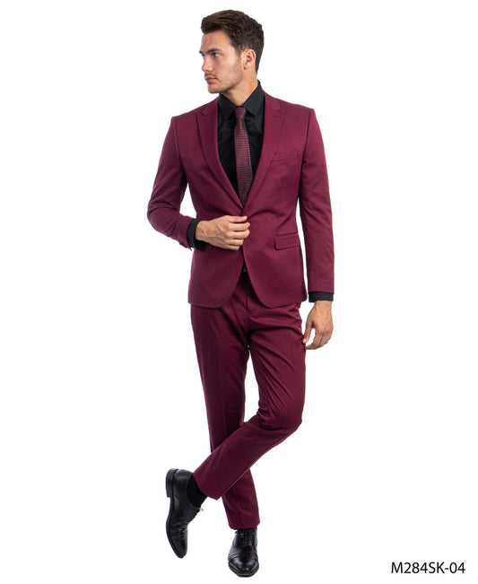 Solid Burgundy Peak Lapel 2 Piece Skinny Fit Tazzio Men's Suit