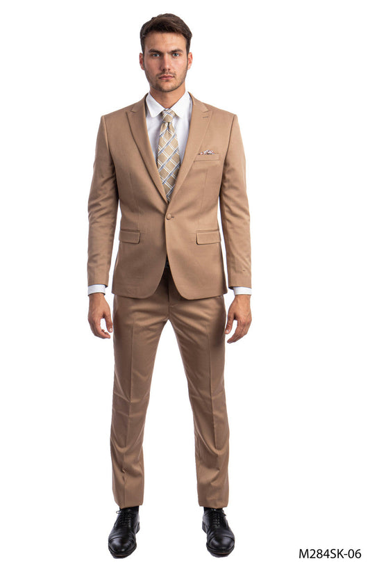 Solid Dark Taupe Peak Lapel 2 Piece Skinny Fit Tazzio Men's Suit