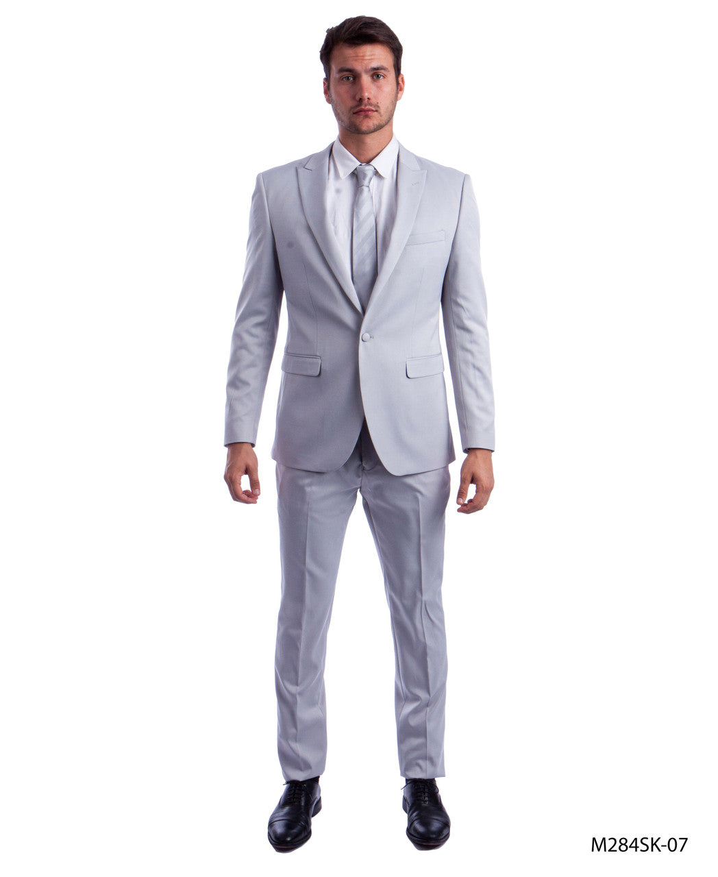 Solid Light Grey Peak Lapel 2 Piece Skinny Fit Tazzio Men's Suit