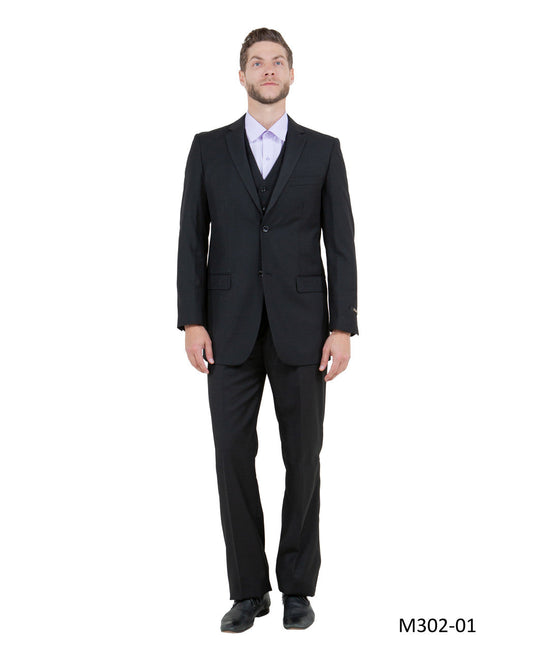 Solid Black Notch Lapel 3 Piece Modern Fit Demantie Men's Suit