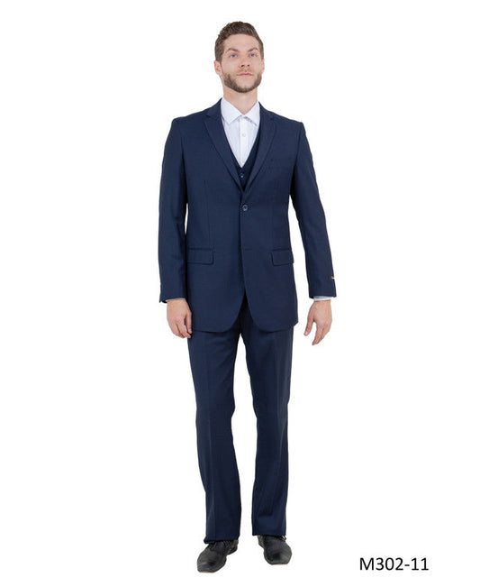 Solid Navy Blue Notch Lapel 3 Piece Modern Fit Demantie Men's Suit