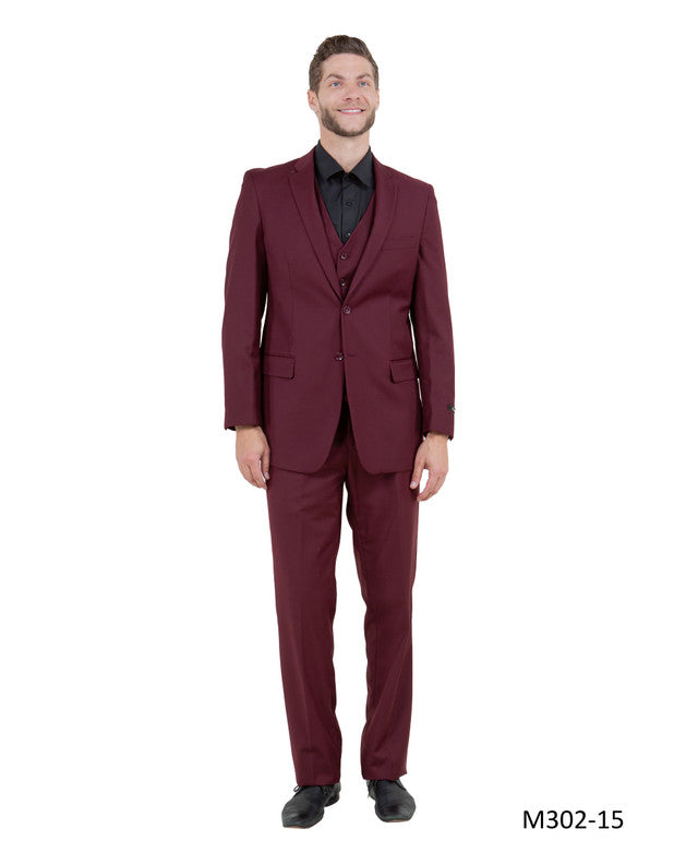 Solid Burgundy Notch Lapel 3 Piece Modern Fit Demantie Men's Suit