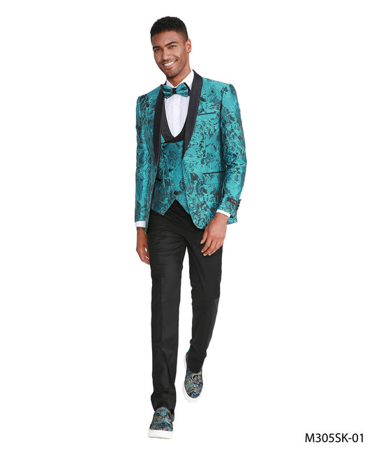 Turquoise Floral Shawl Satin Lapel 4 Piece Skinny Fit Tazzio Men's Suit With Matching Bowtie