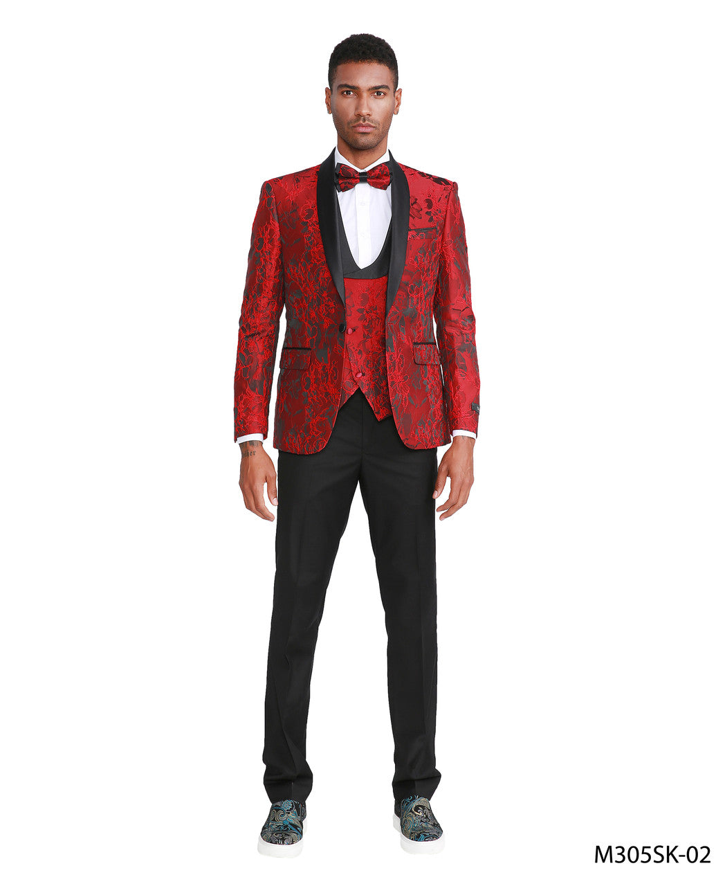 Red Floral Shawl Satin Lapel 4 Piece Skinny Fit Tazzio Men's Suit With Matching Bowtie