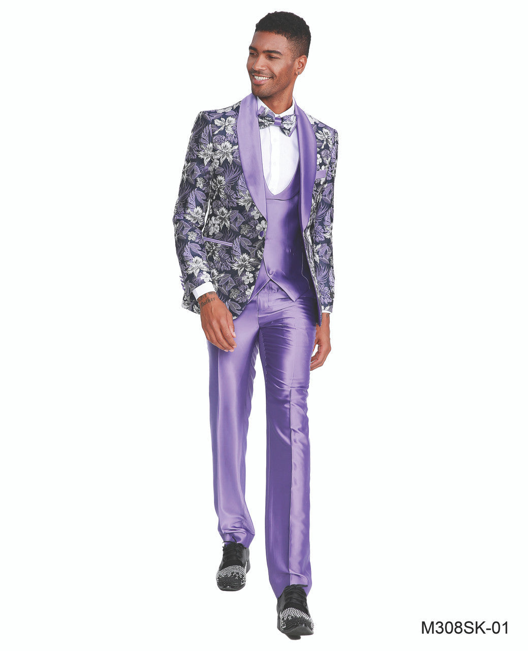 Purple Floral Shawl Satin Lapel 4 Piece Skinny Fit Tazzio Men's Suit With Matching Bowtie