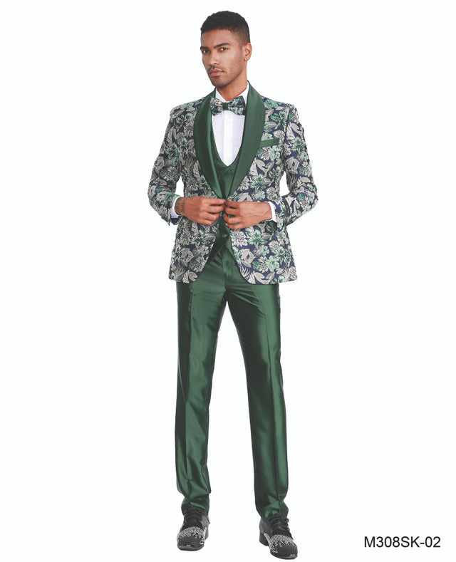 Green Floral Shawl Satin Lapel 4 Piece Skinny Fit Tazzio Men's Suit With Matching Bowtie