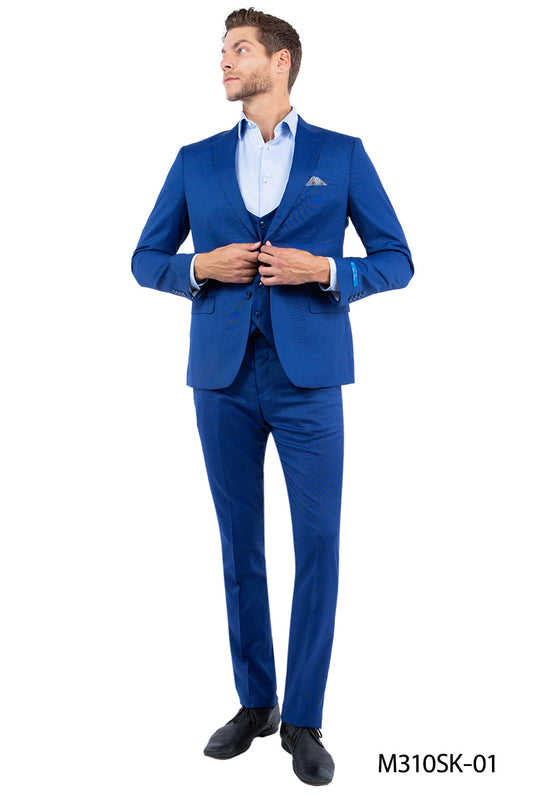 Solid Blue Nail Head Fabric Peak Lapel 3 Piece Hybrid Fit Sean Alexander Men's Suit