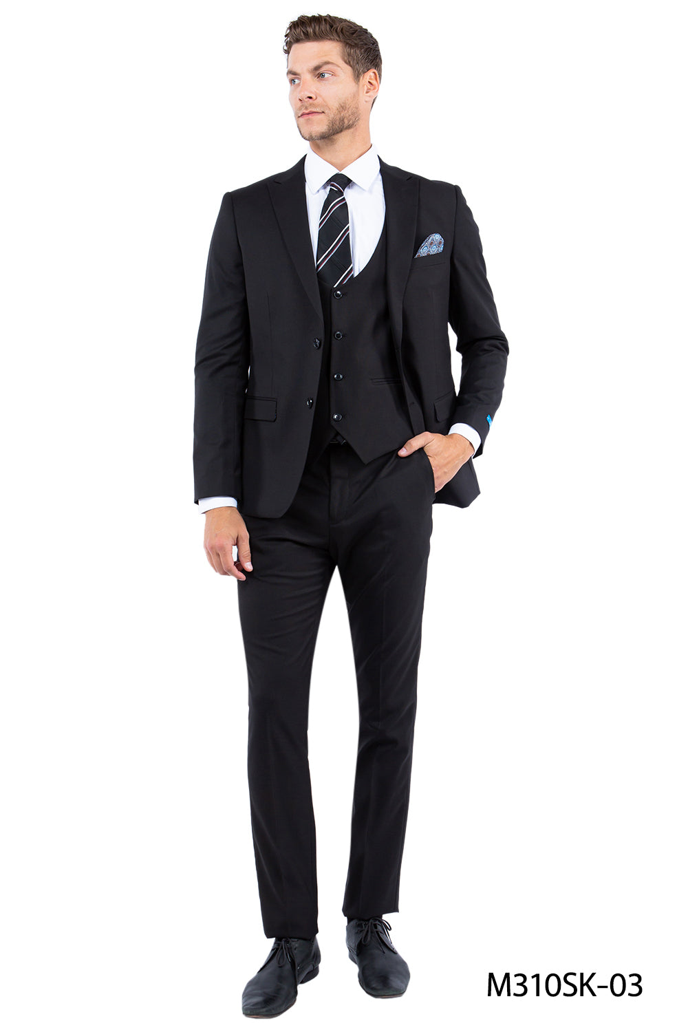 Solid Black Nail Head Fabric Peak Lapel 3 Piece Hybrid Fit Sean Alexander Men's Suit