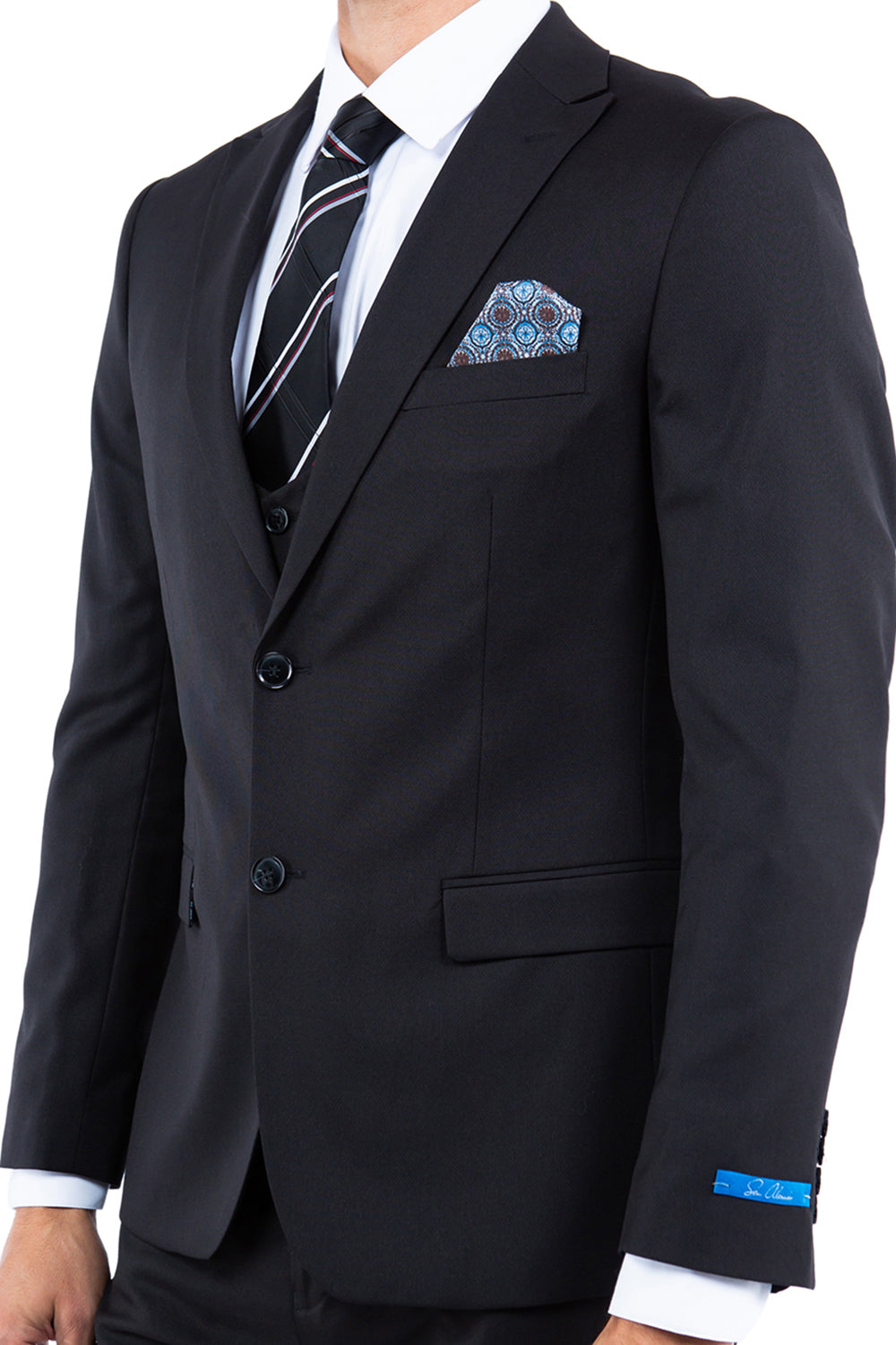 Solid Black Nail Head Fabric Peak Lapel 3 Piece Hybrid Fit Sean Alexander Men's Suit