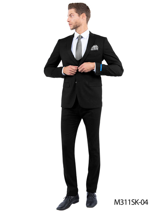 Solid Black Nail Head Fabric Peak Lapel 3 Piece Hybrid Fit Sean Alexander Men's Suit