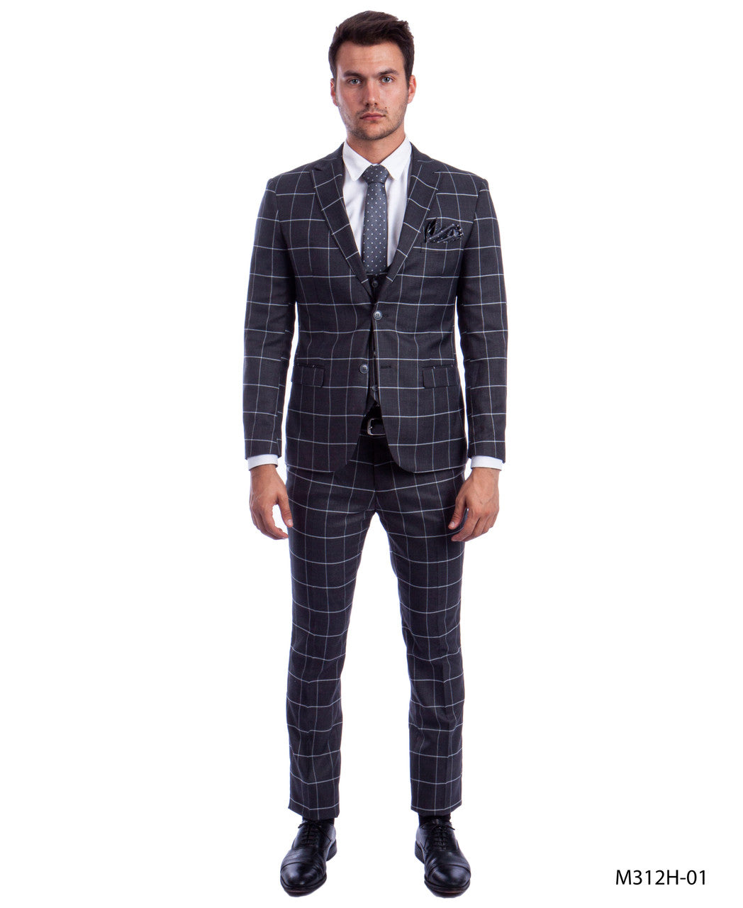 Grey Big Plaid Peak Lapel 3 Piece Hybrid Fit Sean Alexander Men's Suit