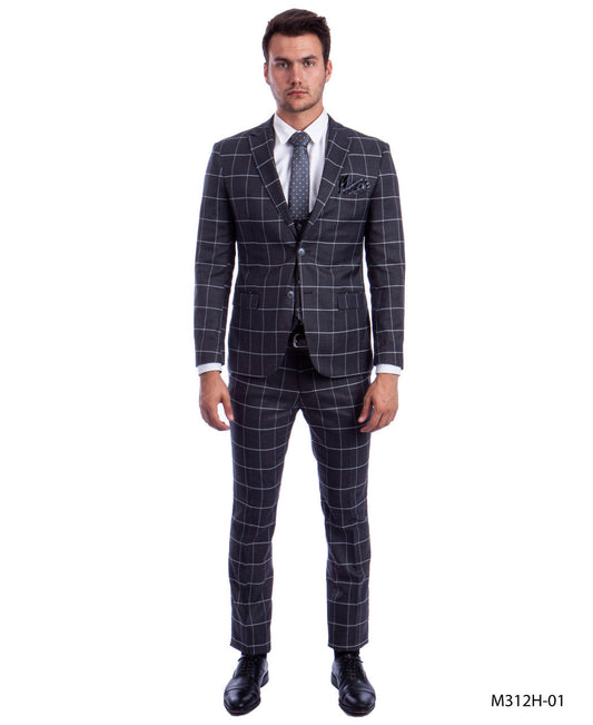 Grey Big Plaid Peak Lapel 3 Piece Hybrid Fit Sean Alexander Men's Suit