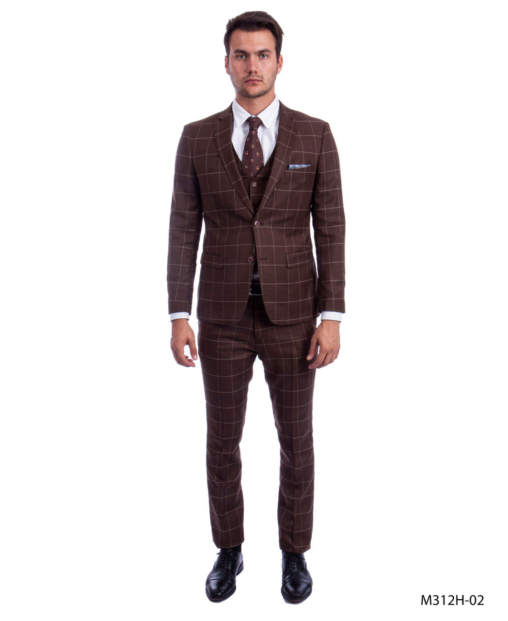 Brown Big Plaid Peak Lapel 3 Piece Hybrid Fit Sean Alexander Men's Suit