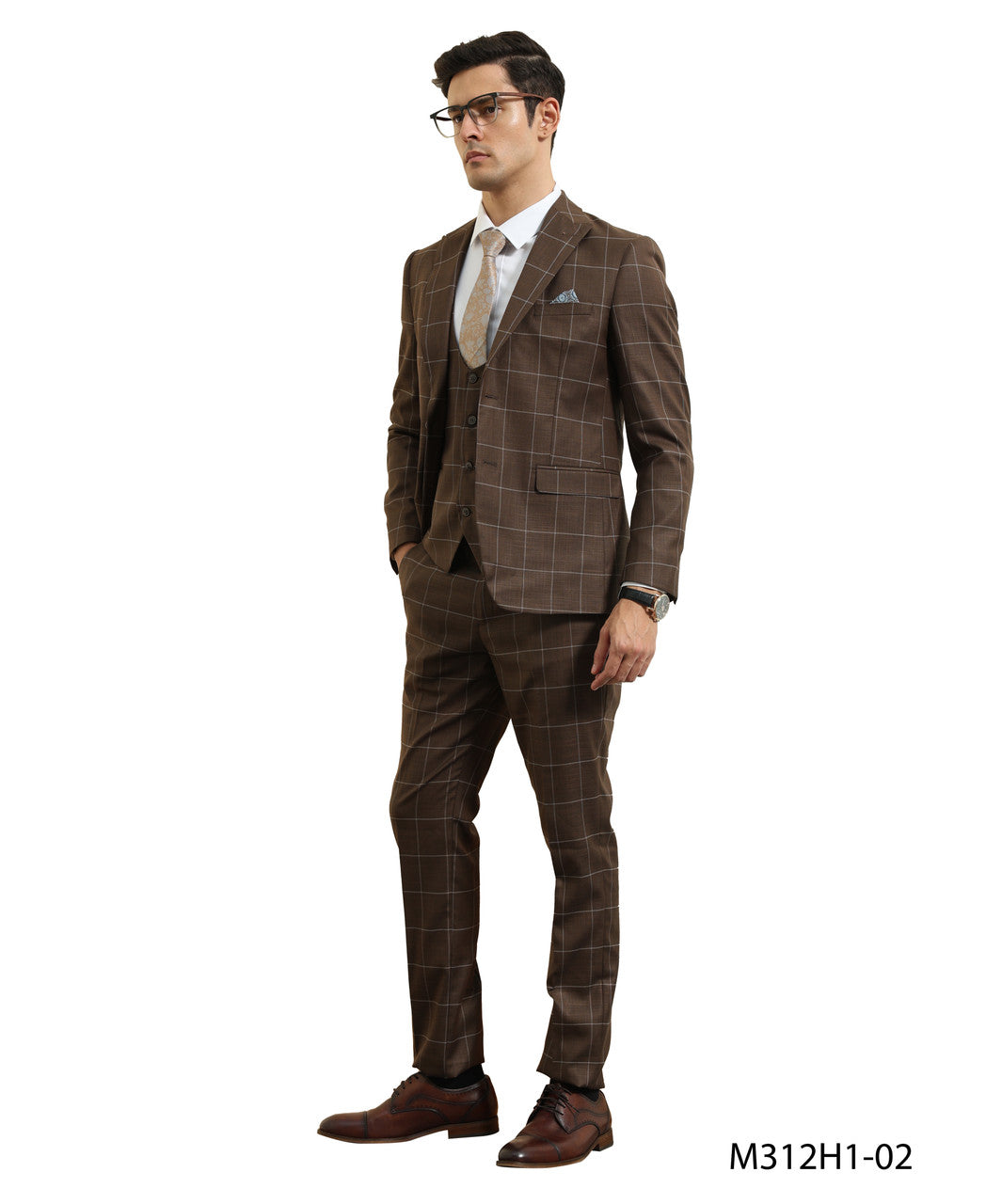 Brown Big Plaid Peak Lapel 3 Piece Hybrid Fit Sean Alexander Men's Suit