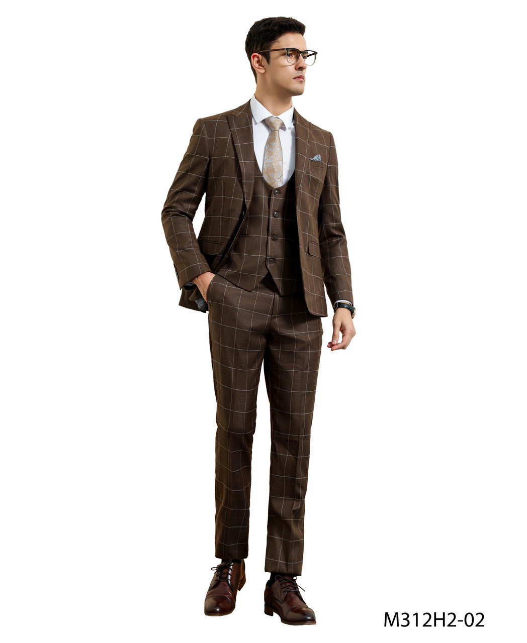 Brown Big Plaid Peak Lapel 3 Piece Hybrid Fit Sean Alexander Men's Suit