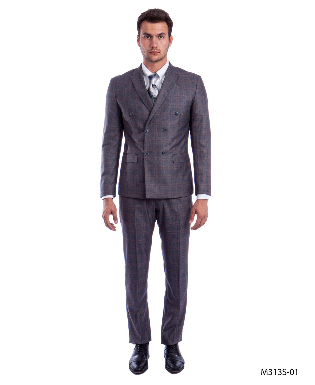 Dark Grey Plaid Double Breasted Peak Lapel 2 Piece Slim Fit Sean Alexander Men's Suit