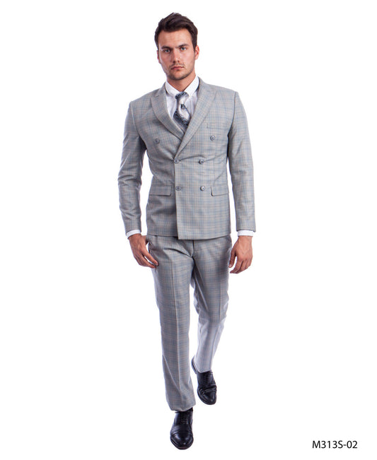 Light Grey Plaid Double Breasted Peak Lapel 2 Piece Slim Fit Sean Alexander Men's Suit