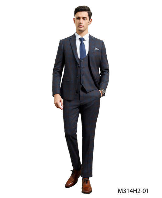 Blue/Brown Plaid Notch Lapel 3 Piece Hybrid Fit Sean Alexander Men's Suit