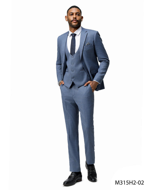 Mid Blue Plaid Notch Lapel 3 Piece Hybrid Fit Sean Alexander Men's Suit