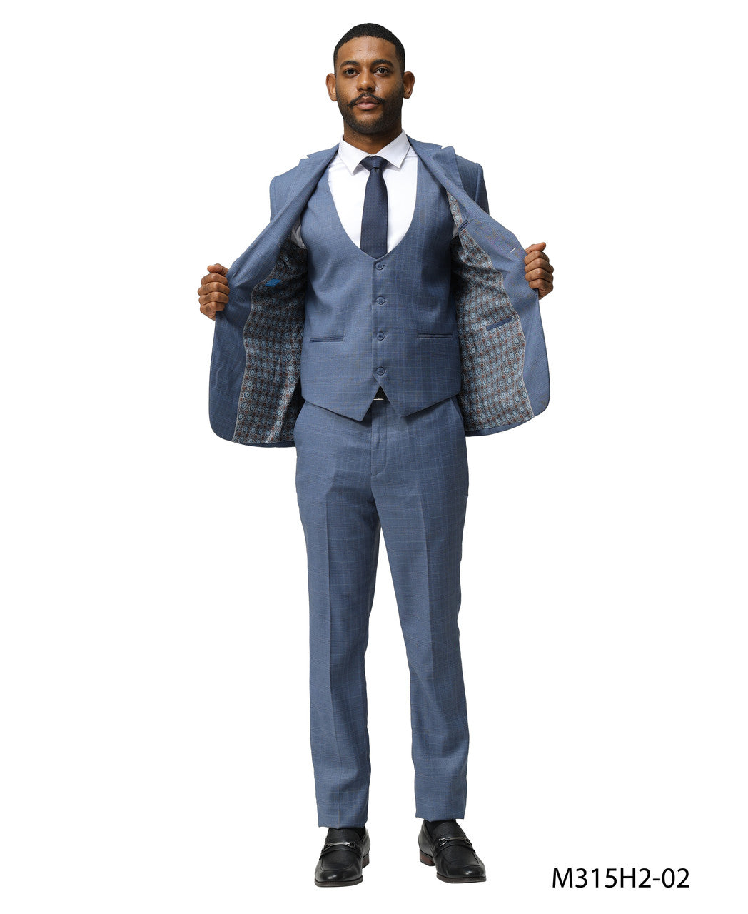 Mid Blue Plaid Notch Lapel 3 Piece Hybrid Fit Sean Alexander Men's Suit