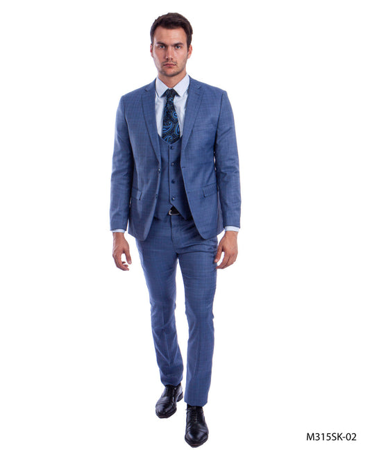 Mid Blue Plaid Notch Lapel 3 Piece Hybrid Fit Sean Alexander Men's Suit