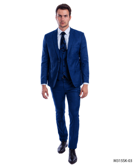 Dark Blue Plaid Notch Lapel 3 Piece Hybrid Fit Sean Alexander Men's Suit