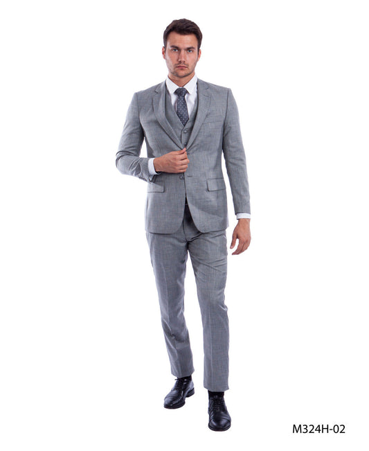 Stone Grey Sharkskin Notch lapel 3 Piece Hybrid Fit Tazzio Men's Suit