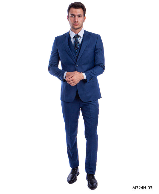 Blue Sharkskin Notch lapel 3 Piece Hybrid Fit Tazzio Men's Suit