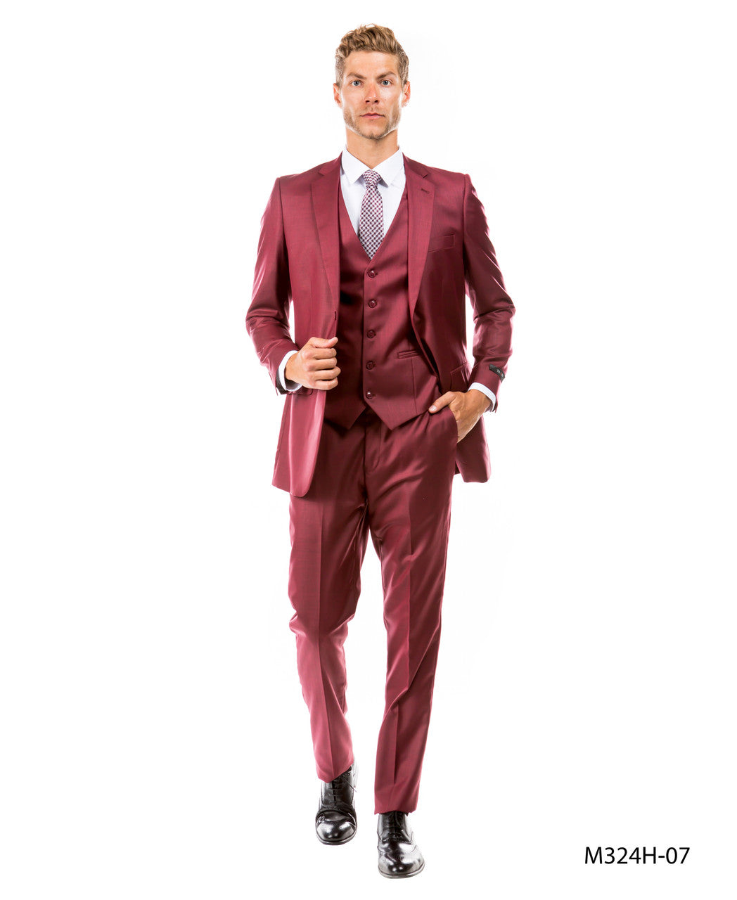 Cranberry Sharkskin Notch lapel 3 Piece Hybrid Fit Tazzio Men's Suit