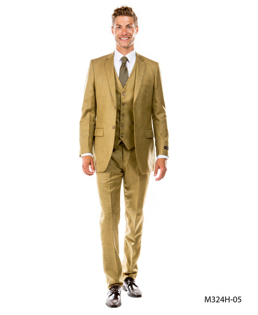 Oatmeal Sharkskin Notch lapel 3 Piece Hybrid Fit Tazzio Men's Suit