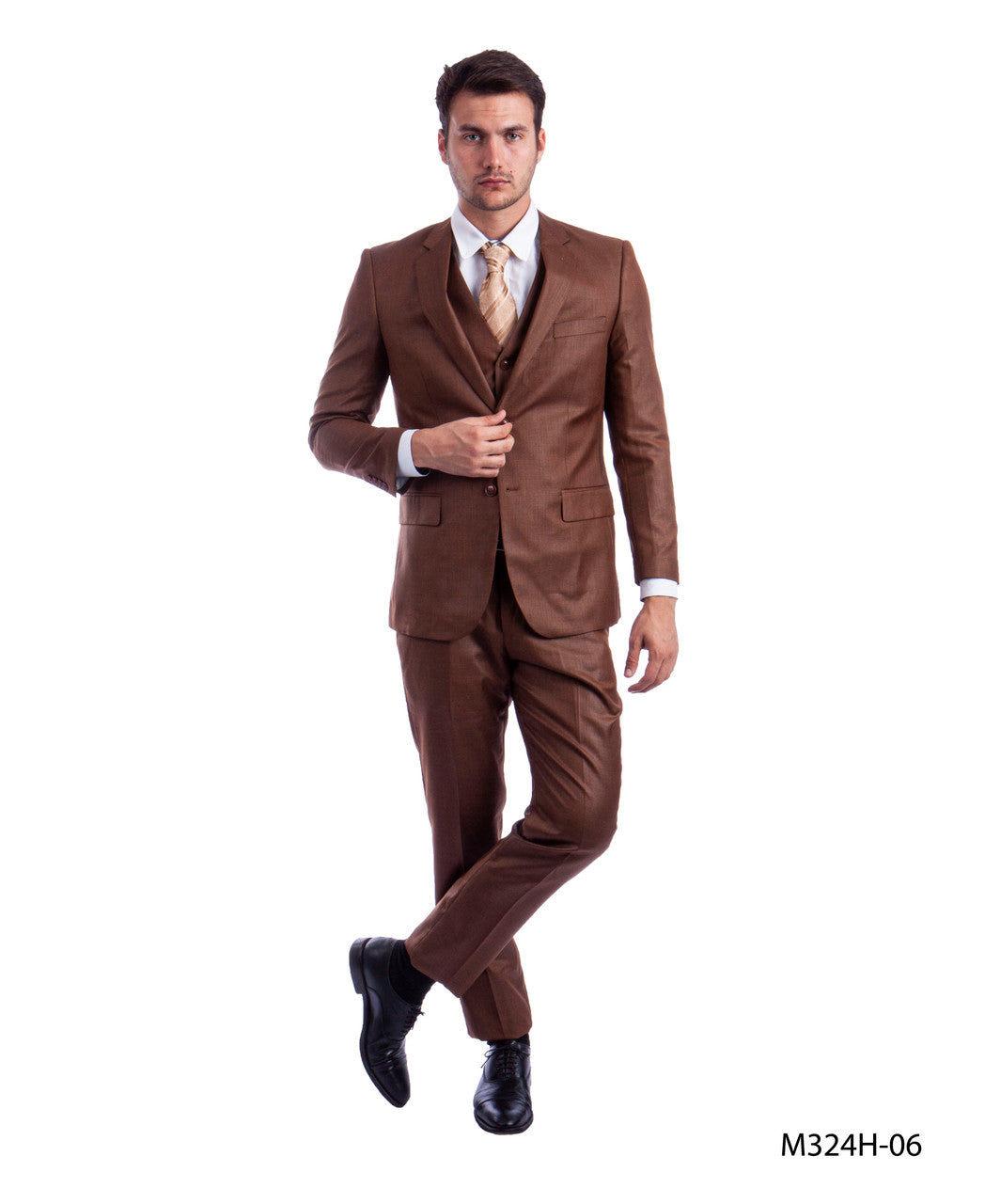 Cognac Sharkskin Notch lapel 3 Piece Hybrid Fit Tazzio Men's Suit