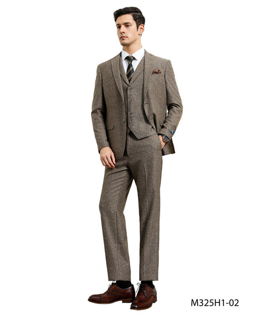 Tan Tweed Notch lapel 3 Piece Hybrid Fit Sean Alexander Men's Suit