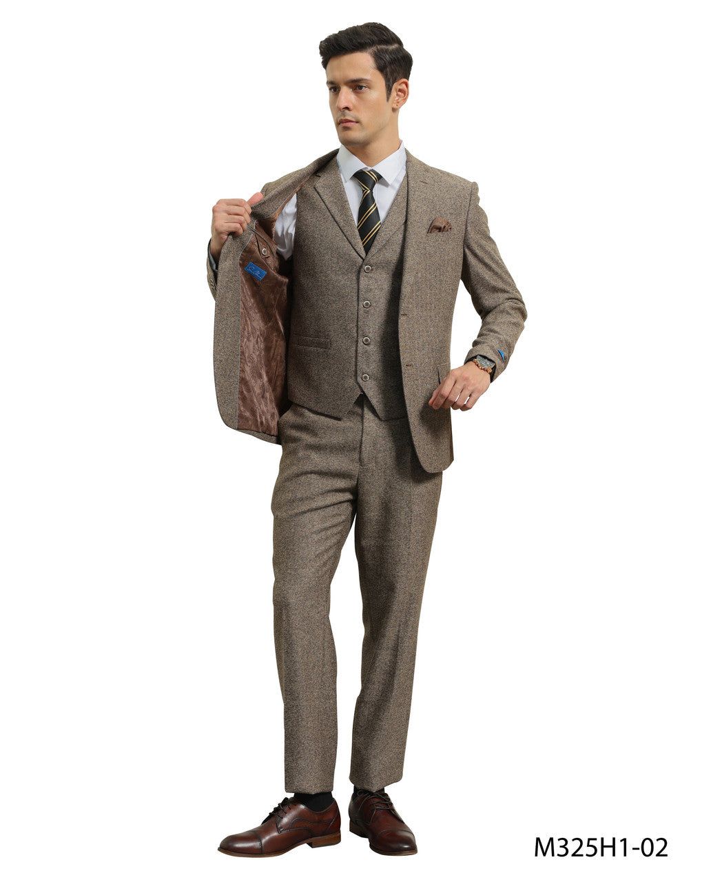 Tan Tweed Notch lapel 3 Piece Hybrid Fit Sean Alexander Men's Suit