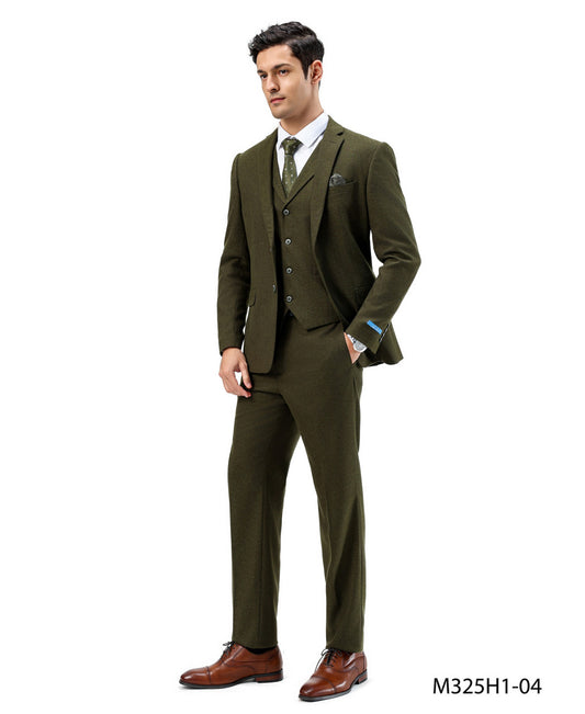 Olive Tweed Notch lapel 3 Piece Hybrid Fit Sean Alexander Men's Suit
