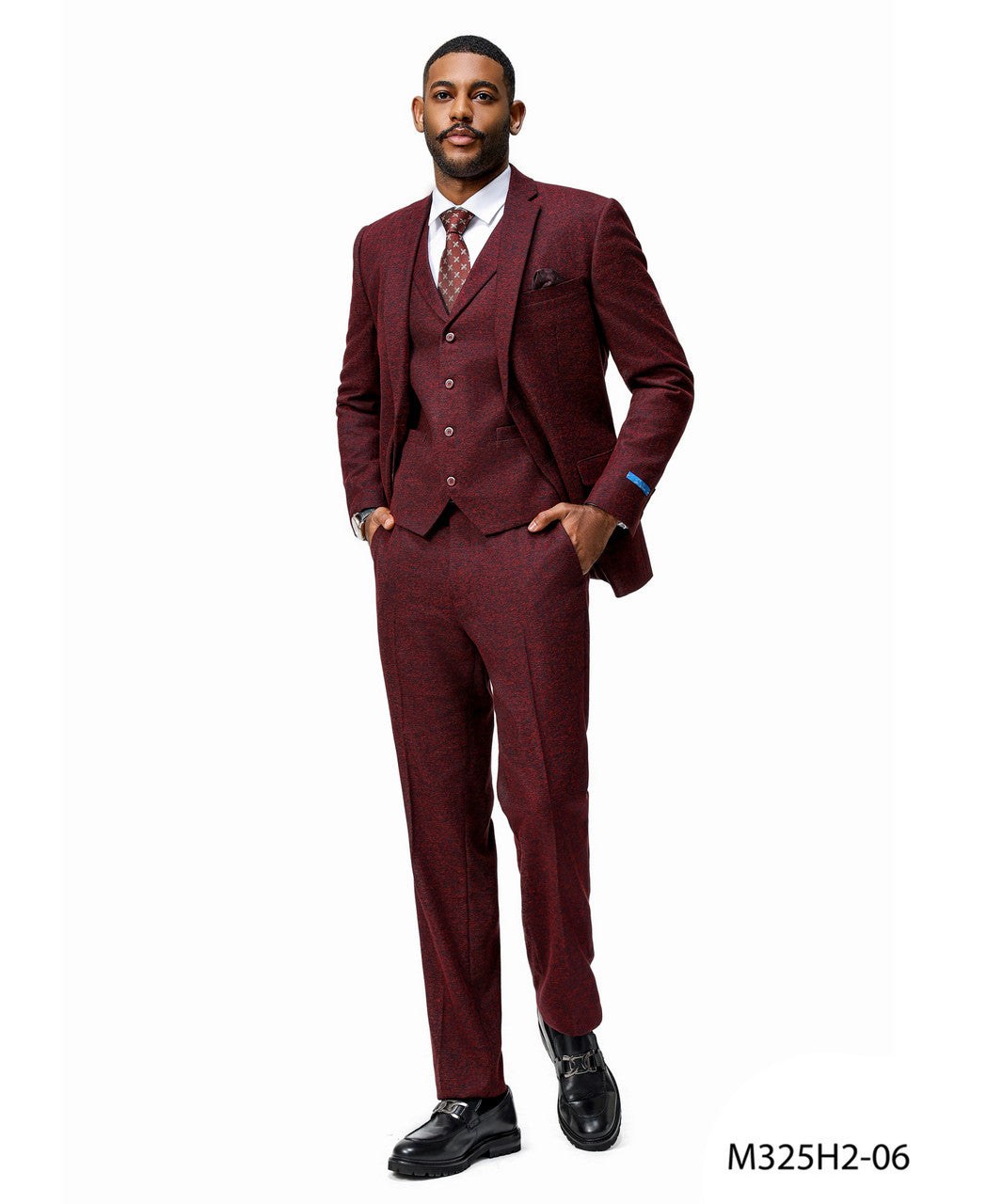 Burgundy Tweed Notch lapel 3 Piece Hybrid Fit Sean Alexander Men's Suit