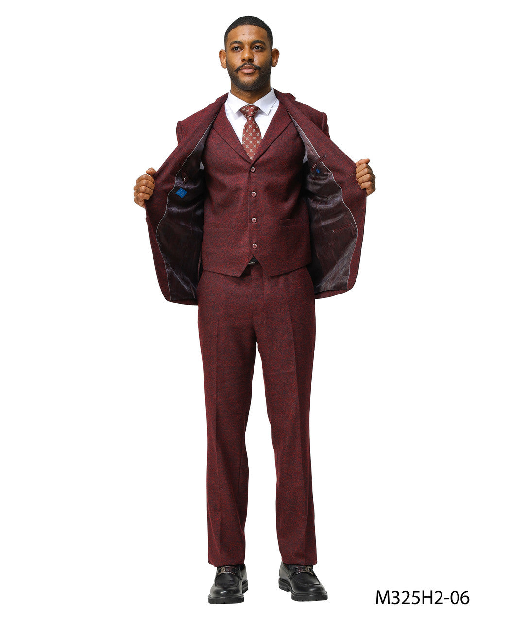 Burgundy Tweed Notch lapel 3 Piece Hybrid Fit Sean Alexander Men's Suit