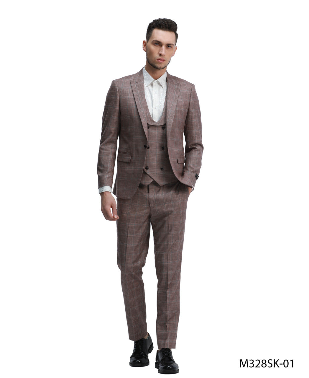 Rose Plaid Peak lapel 3 Piece Skinny Fit Tazzio Men's Suit