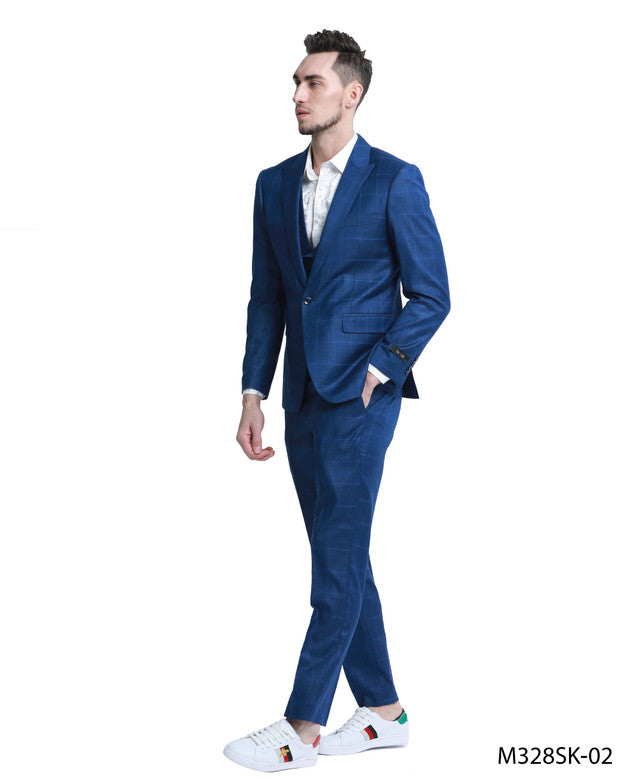 Blue Plaid Peak lapel 3 Piece Skinny Fit Tazzio Men's Suit