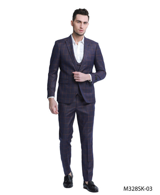 Burgundy Plaid Peak lapel 3 Piece Skinny Fit Tazzio Men's Suit