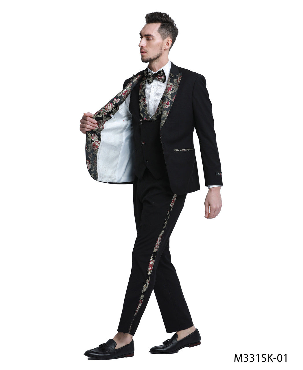 Black Floral Satin Peak lapel 3 Piece Skinny Fit Tazzio Men's Suit With Matching Bowtie